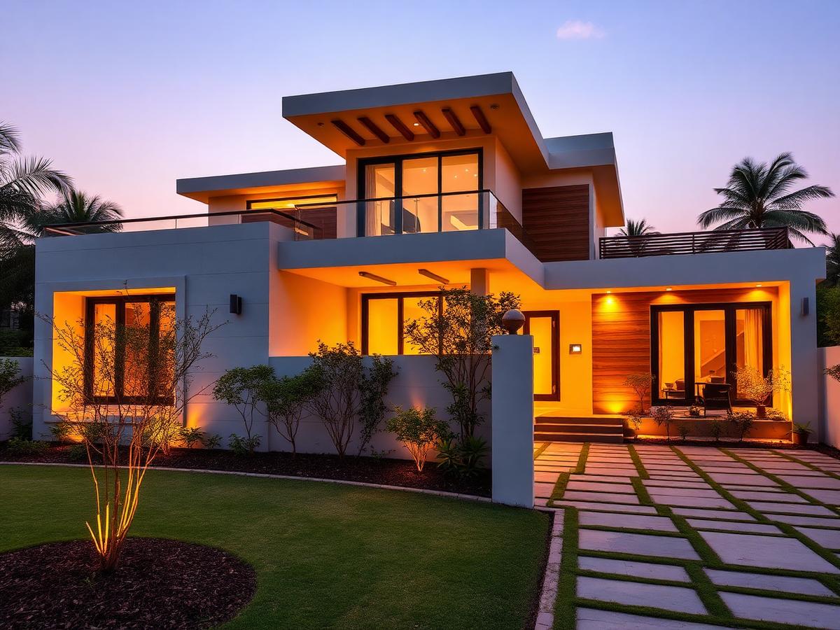 Vastu-aligned modern villa exterior at golden hour